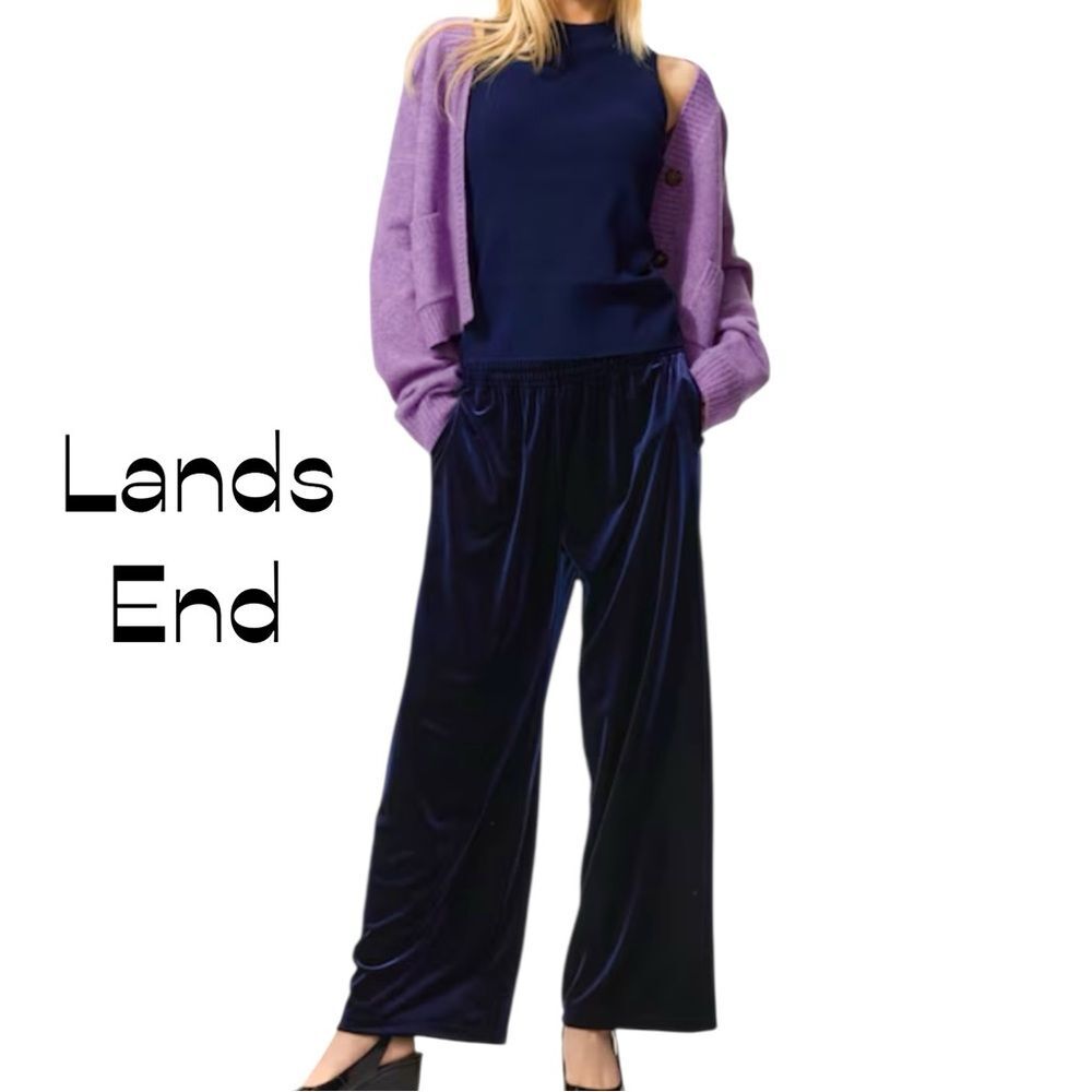 Lands End Navy Velvet Straight Leg Pants Size L Comfy LoungeWear